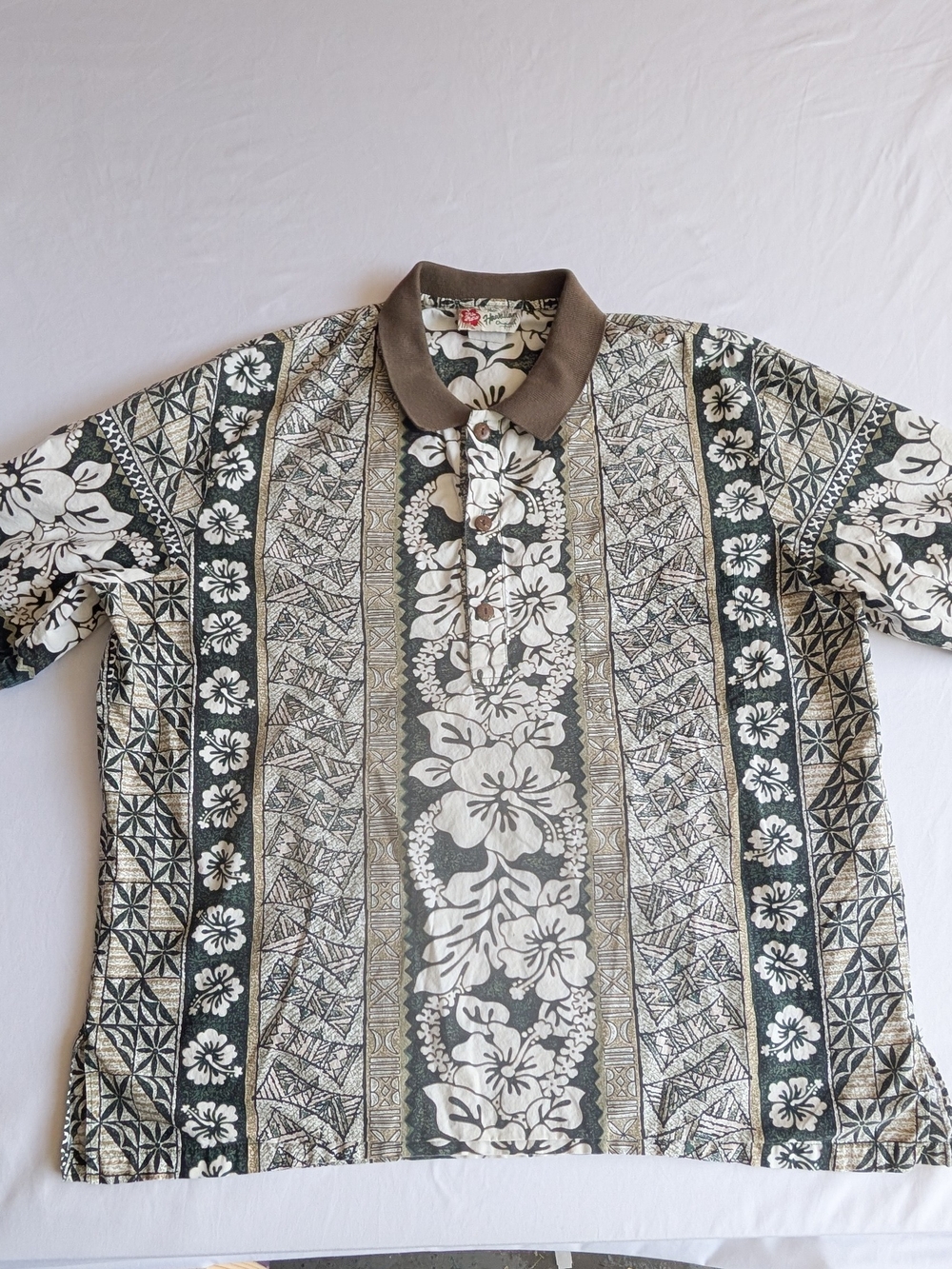 Hilo Hattie Men White Green Hawaiian Floral Motif Short Sleeve Polo Shirt Sz XL